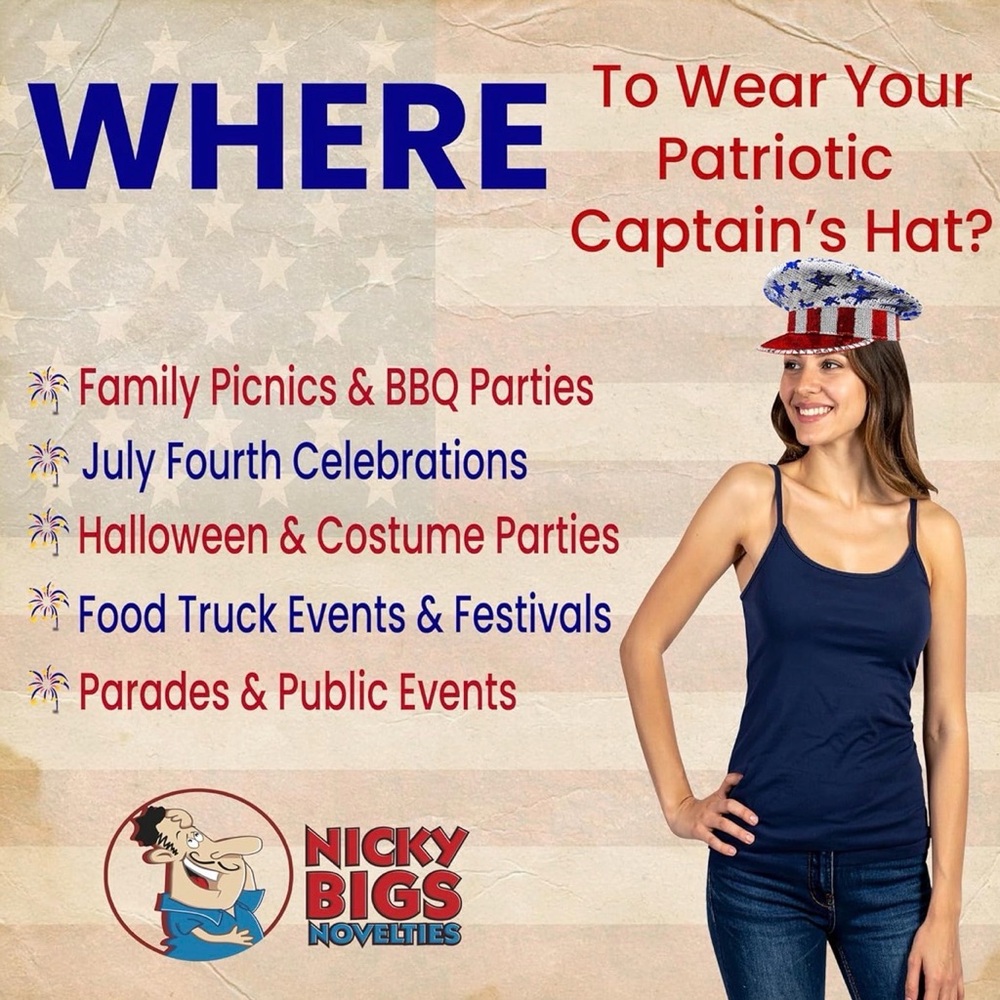 Iridescent Patriotic USA 4th of July American Flag Sequins Military Captain Hat - Picture 4 of 4